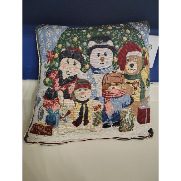 Christmas Tapestry Throw Pillow Snowman Bears Holiday - Picture 1 of 7